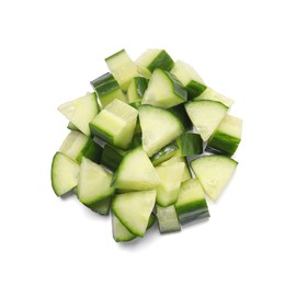 Photo of Pile of fresh cut cucumber isolated on white, top view