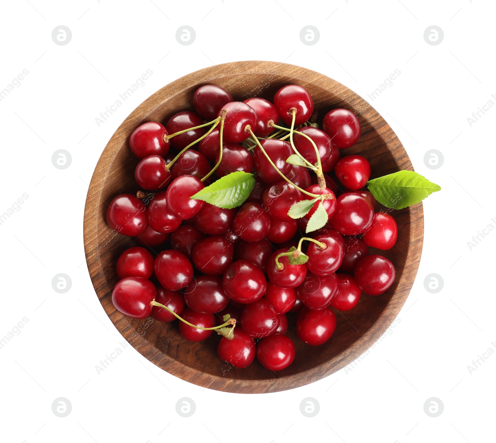 Photo of Wooden bowl of delicious ripe sweet cherries on white background, top view