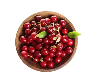 Wooden bowl of delicious ripe sweet cherries on white background, top view