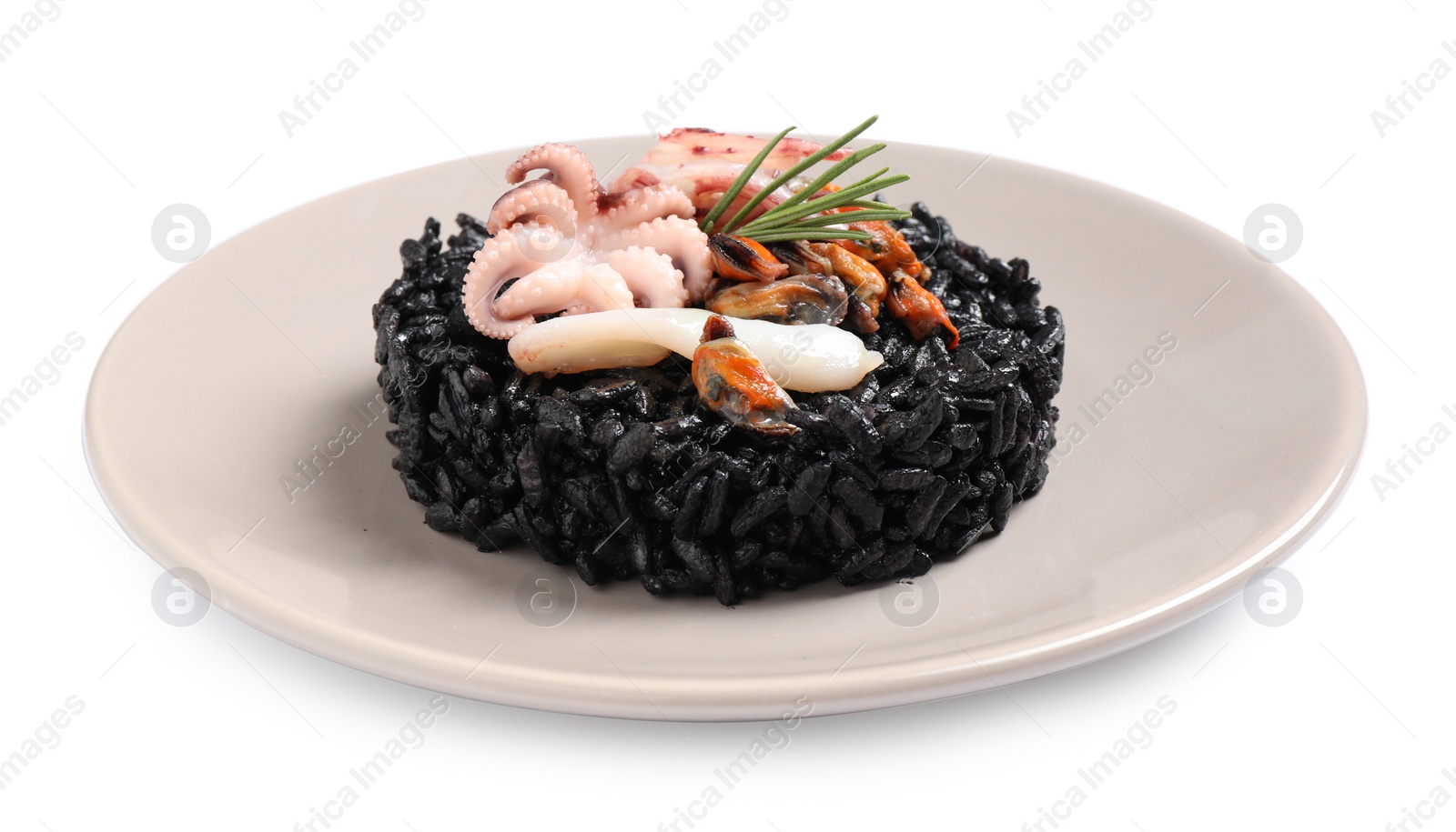 Photo of Delicious black risotto with seafood isolated on white