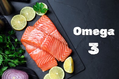 Omega 3. Fresh cut salmon, parsley, lemon and onion on black table, flat lay