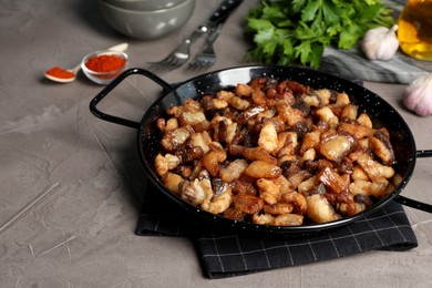 Photo of Tasty fried cracklings on grey table. Cooked pork lard