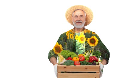 Double exposure of farmer and sunflower field on white background