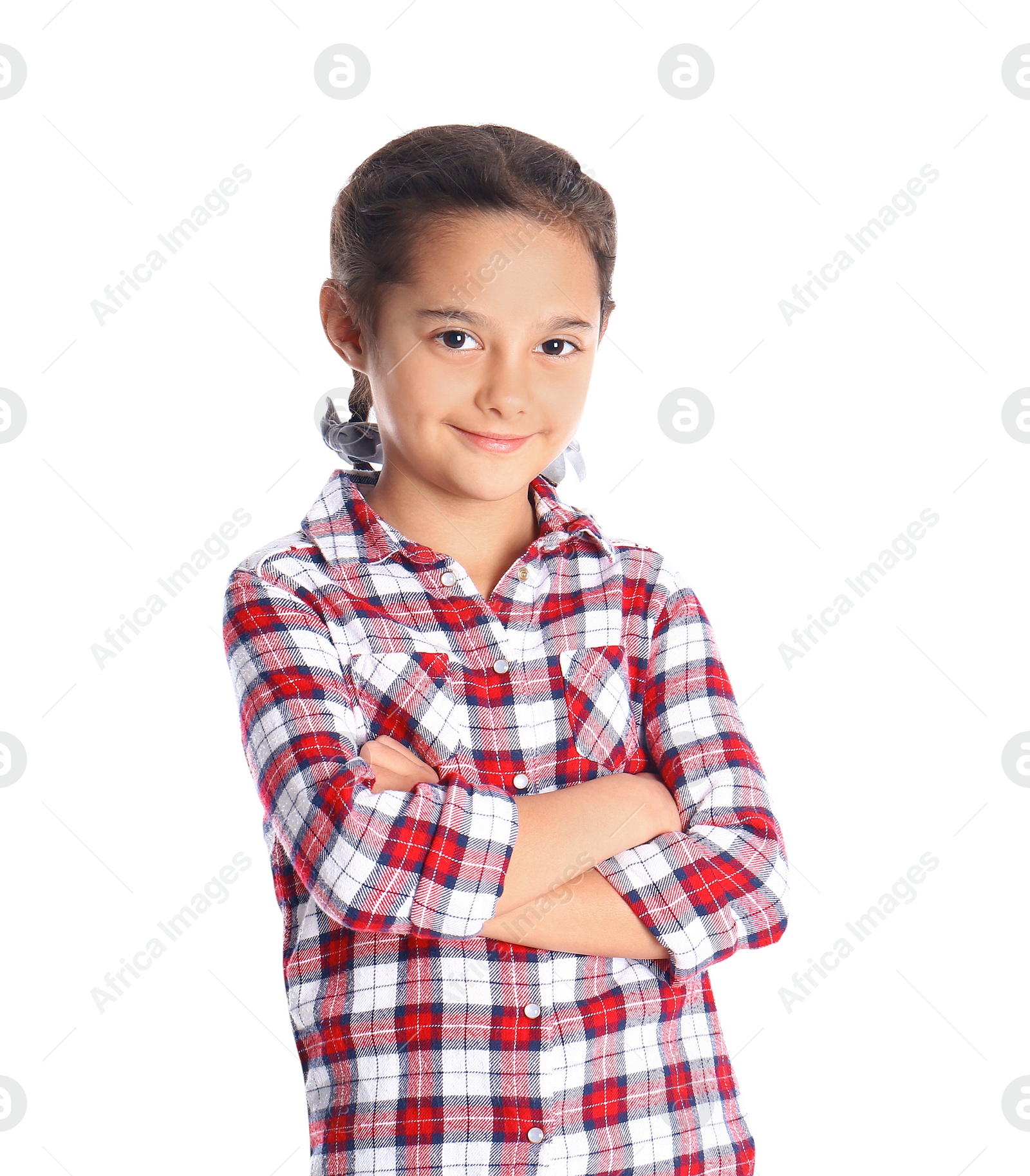 Photo of Portrait of cute little girl on white background