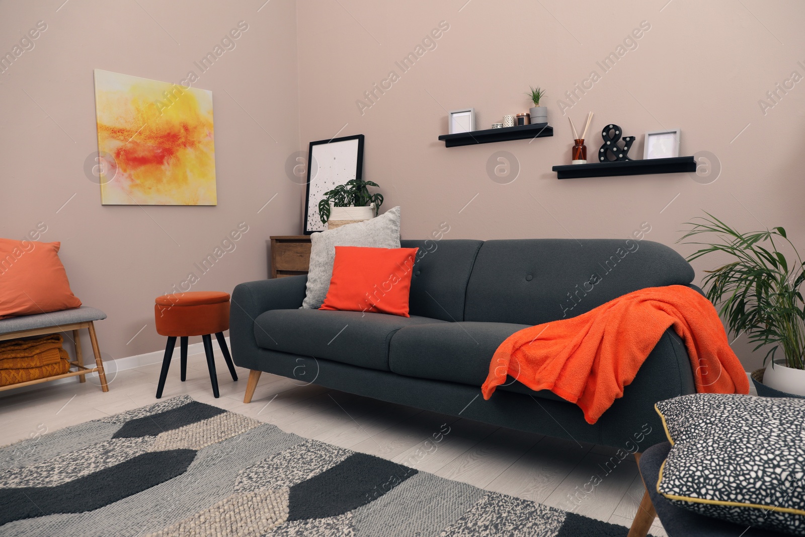 Photo of Modern living room interior with comfortable grey sofa