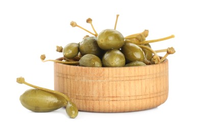 Photo of Capers and wooden bowl isolated on white