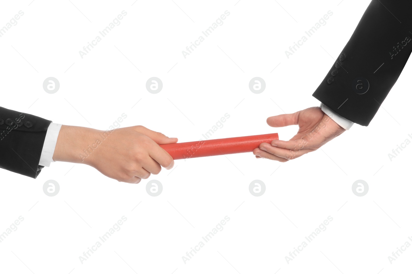 Photo of Businessman passing relay baton to colleague isolated on white, closeup