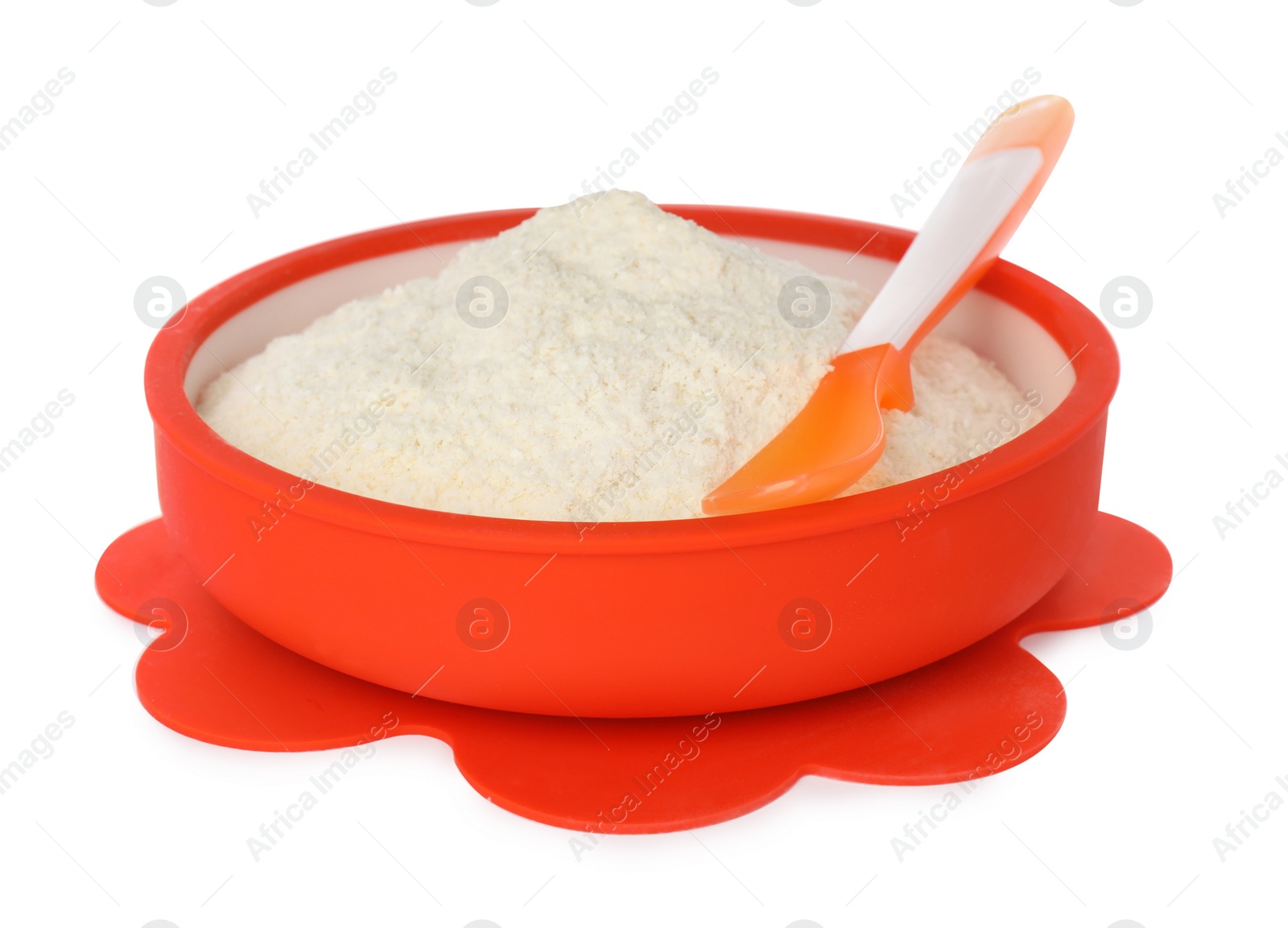 Photo of Dry healthy baby food in bowl on white background