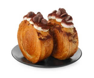 Photo of Round croissants with chocolate chips and cream isolated on white. Tasty puff pastry