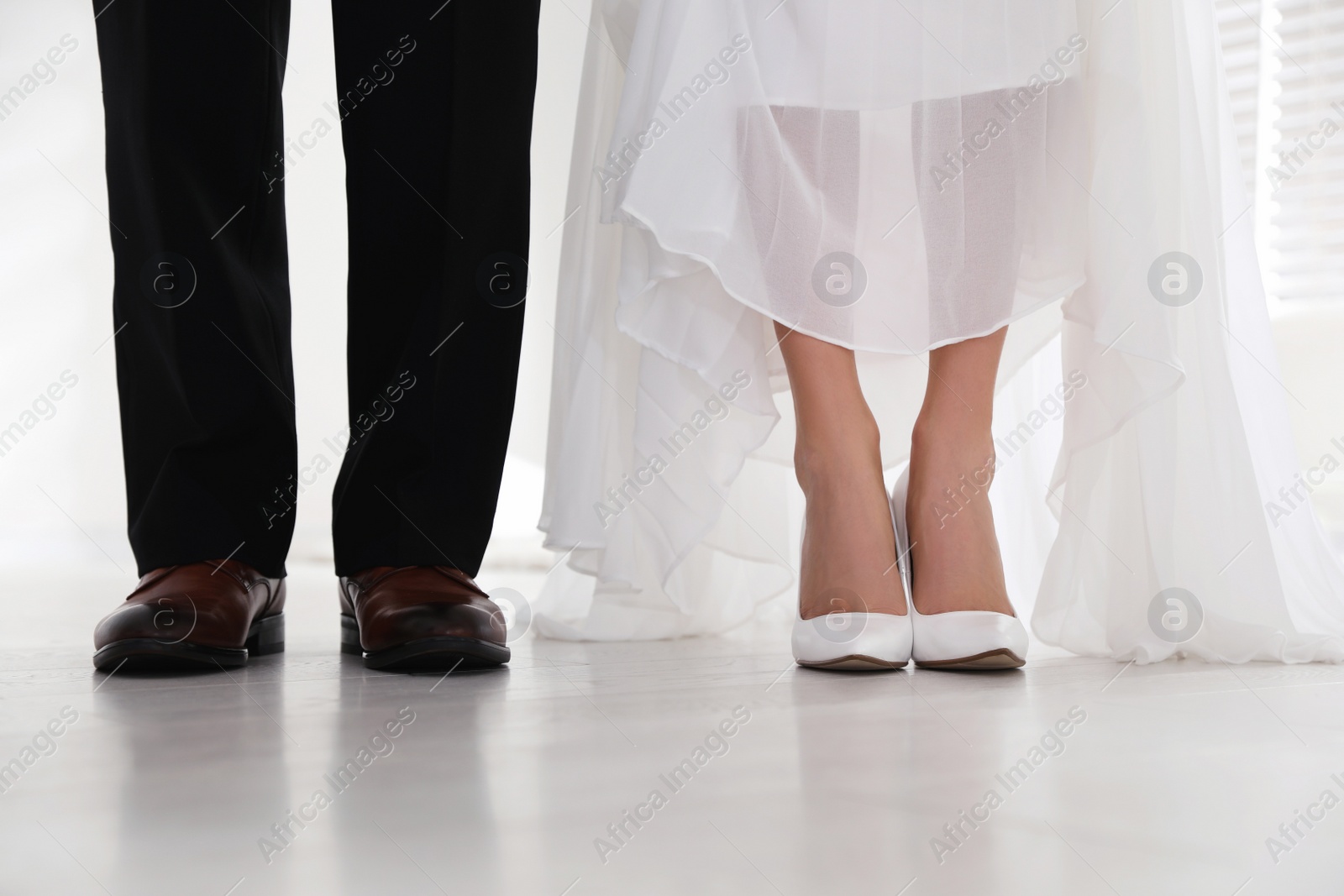 Photo of Bride and groom wearing elegant classic wedding shoes indoors, closeup