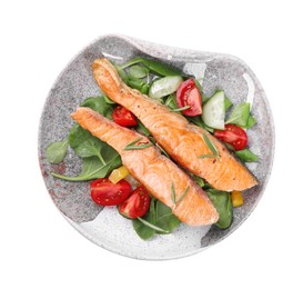 Photo of Healthy meal. Tasty grilled salmon with vegetables and spinach isolated on white, top view