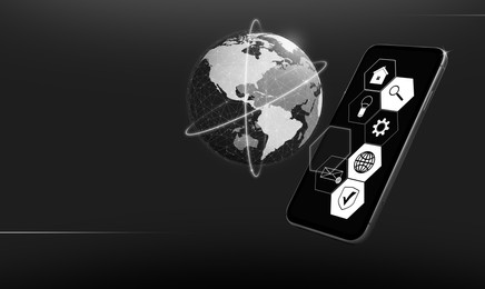 Image of Global network, banner design. Smartphone with different icons on black background. Digital image of Earth with connection lines