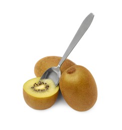 Photo of Fresh ripe yellow kiwis with spoon on white background