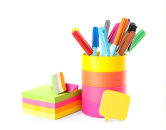 Photo of Set of different school stationery on white background