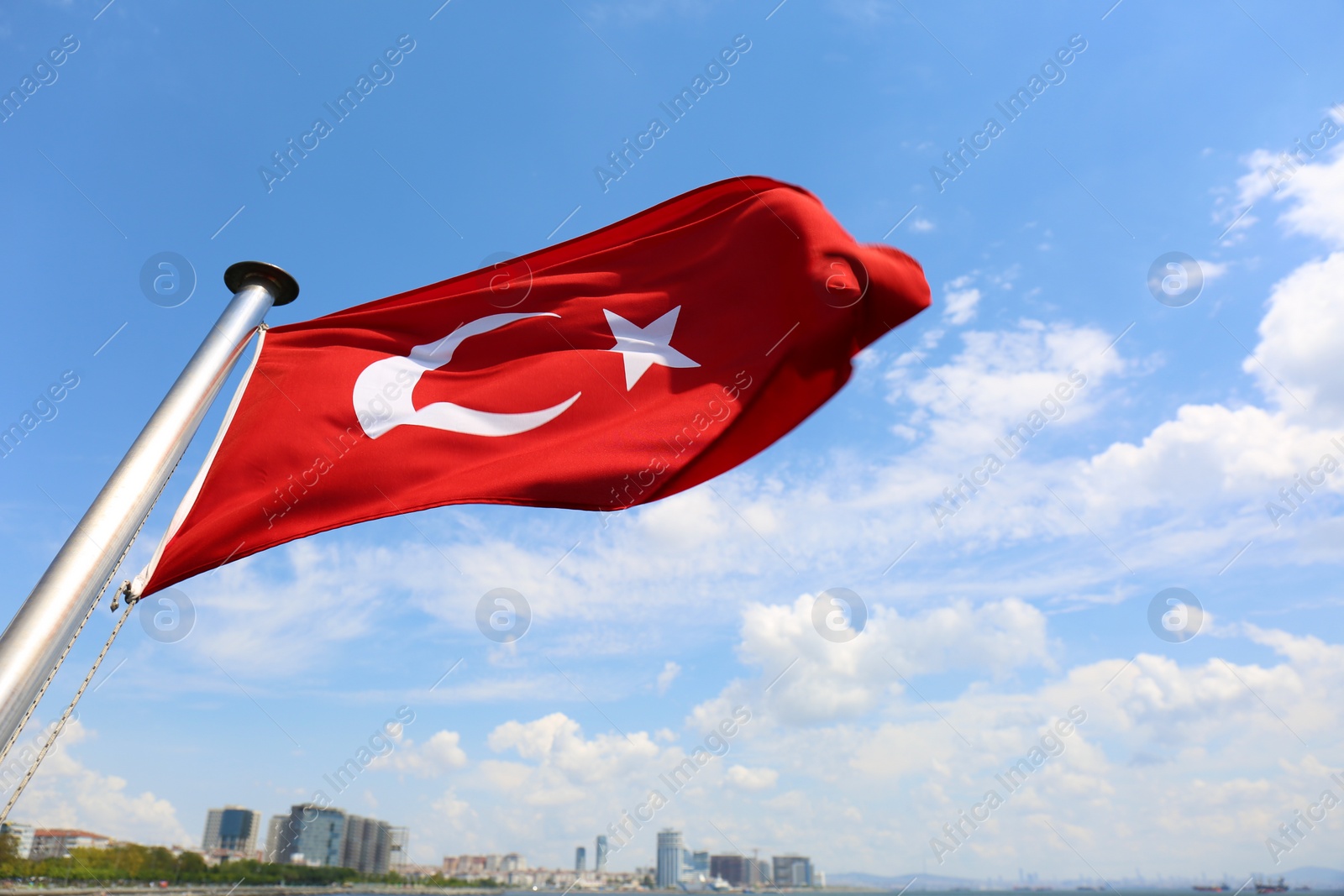 Photo of Turkish flag and beautiful city on background
