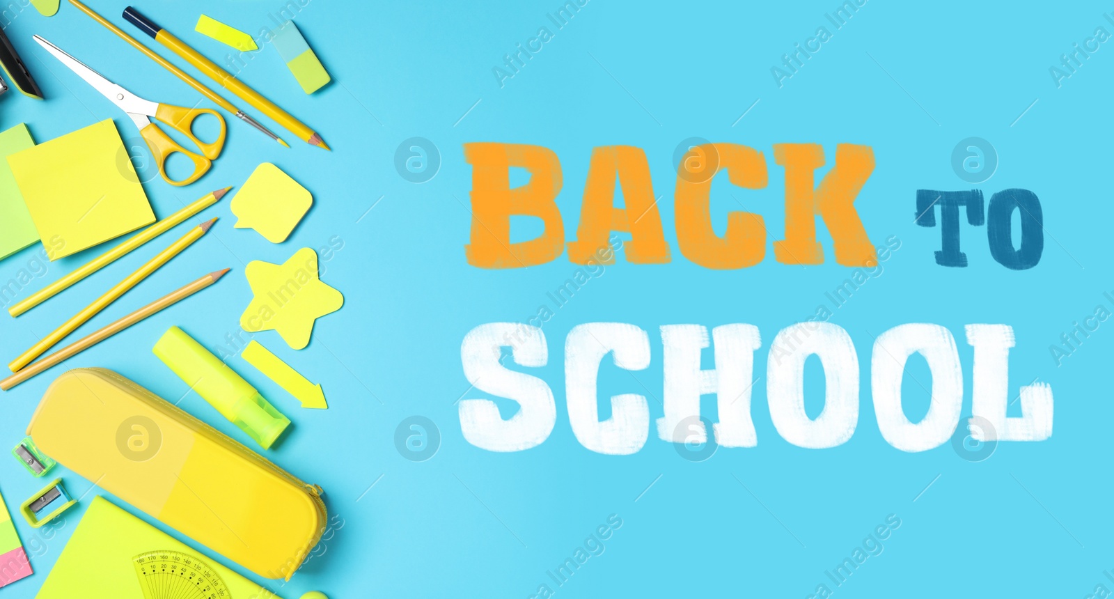 Image of Text Back To School and different stationery on light blue background, flat lay. Banner design 