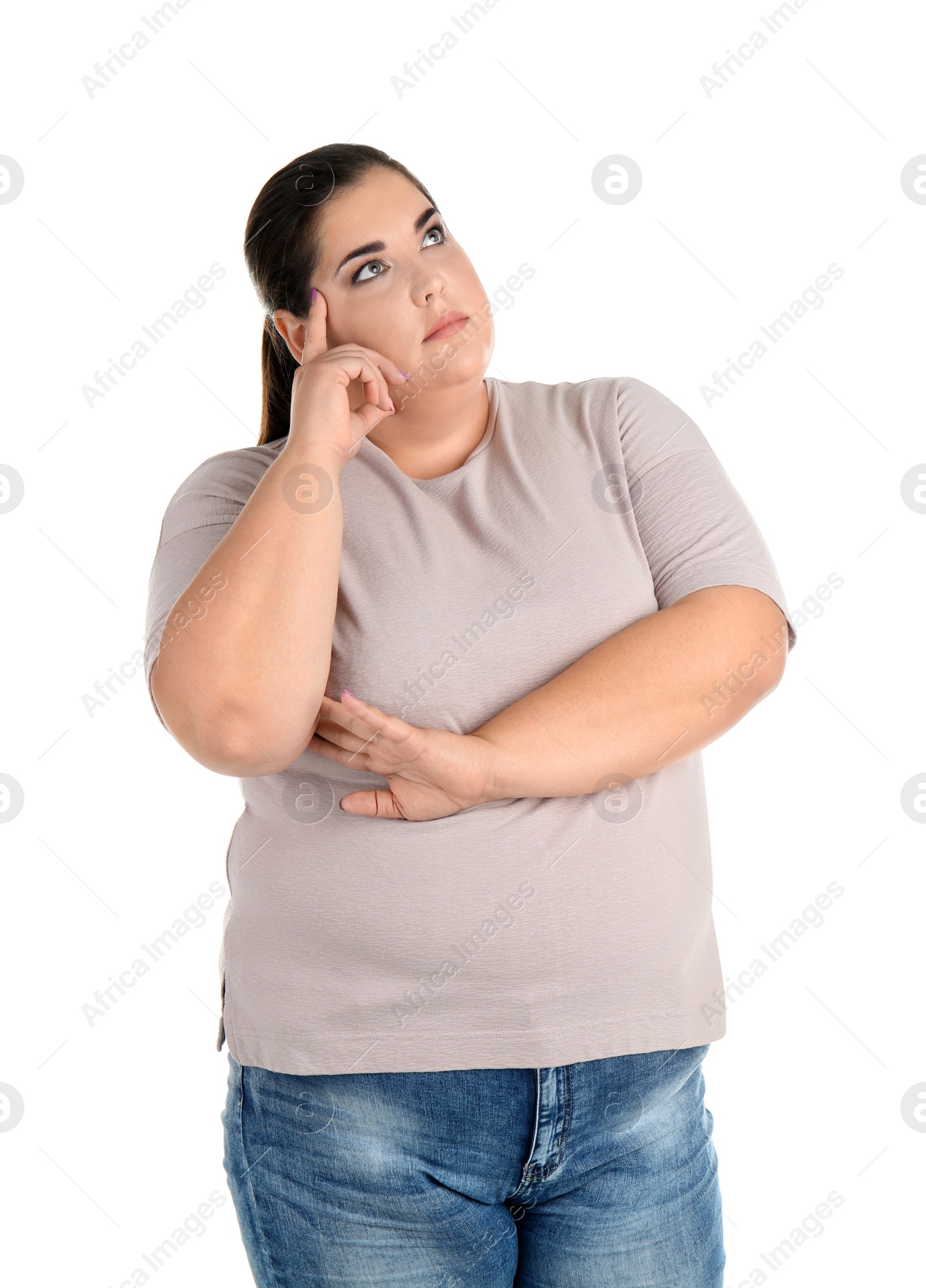 Photo of Portrait of overweight woman on white background