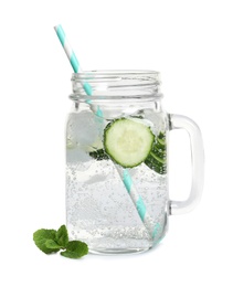 Photo of Mason jar with fresh cucumber water on white background