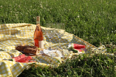 Picnic blanket with delicious food and wine on green grass outdoors