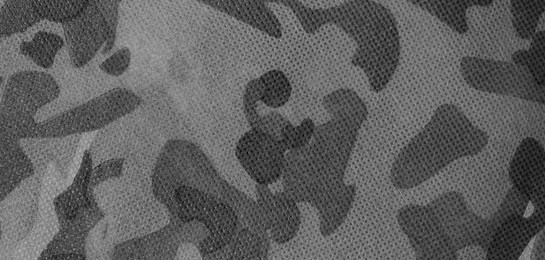 Image of Texture of camouflage fabric as background, black and white effect. Banner design