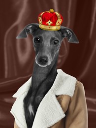 Image of Italian Greyhound dog dressed like royal person against brown background