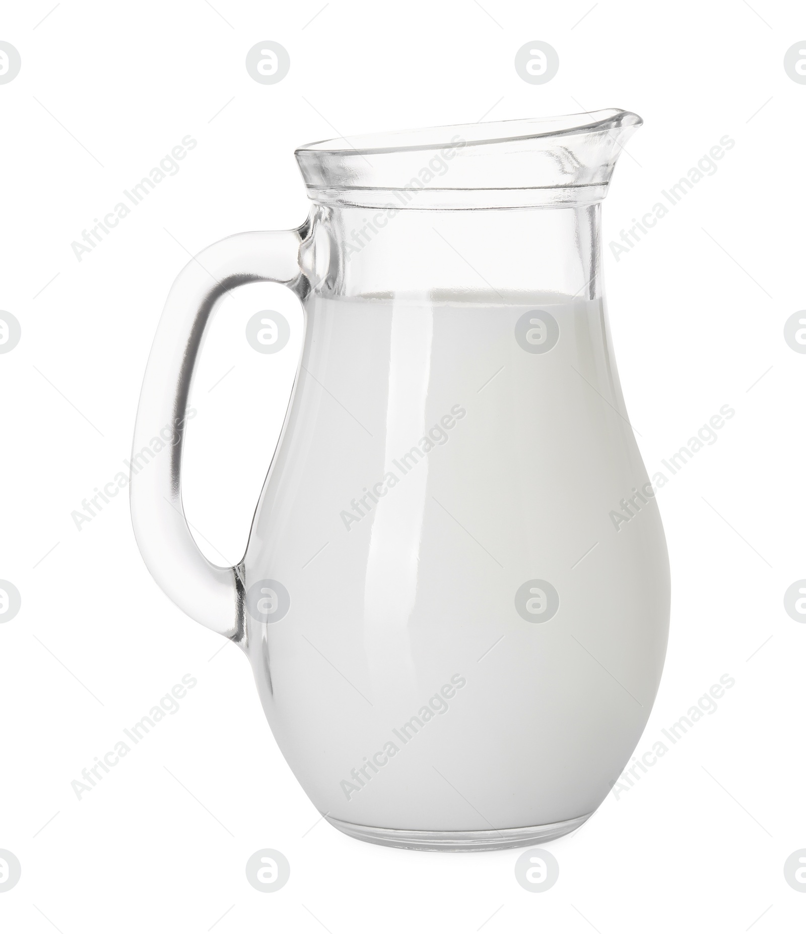 Photo of Glass jug of fresh milk isolated on white