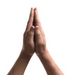 Religion. Christian man praying on white background, closeup