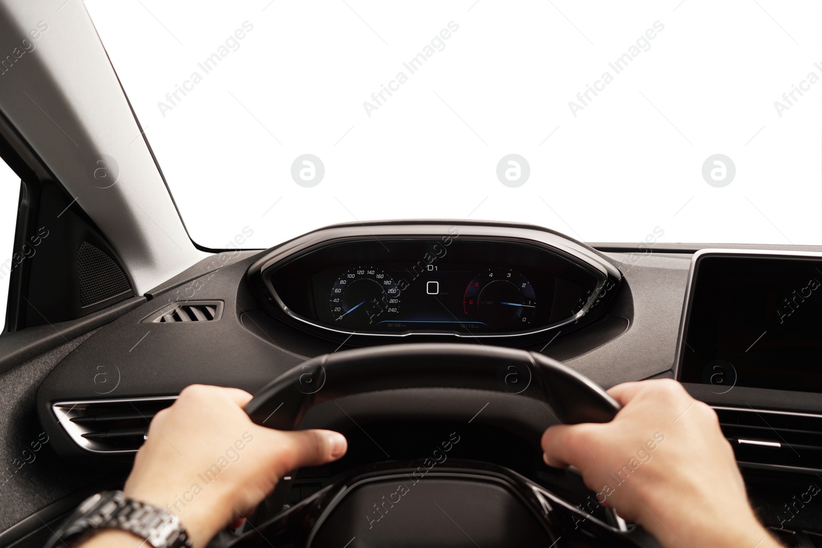 Photo of Speedometer and tachometer on dashboard. Man driving car, closeup