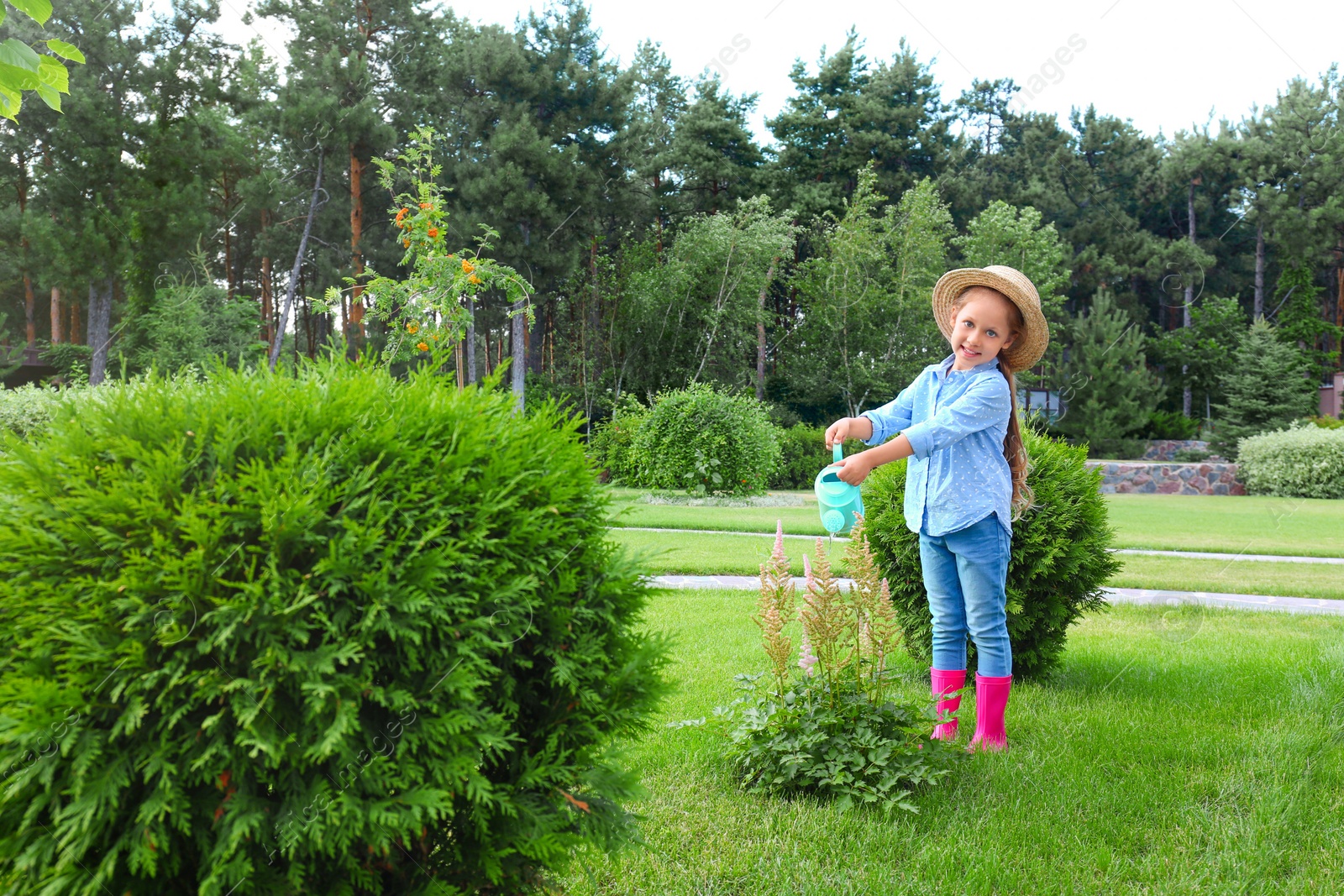 Photo of Little girl watering flowers in backyard. Home gardening