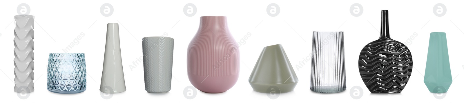 Image of Set of different stylish vases on white background