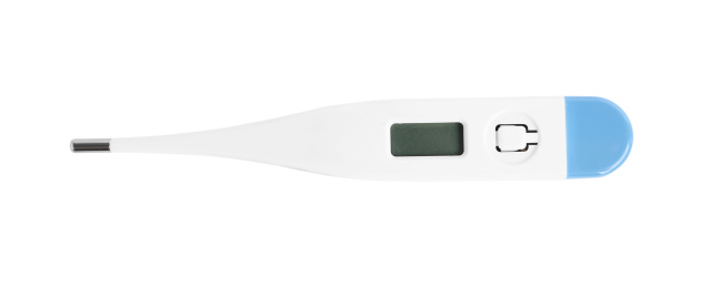 Modern digital thermometer on white background, top view