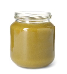 Photo of Baby food. Tasty healthy puree in jar isolated on white