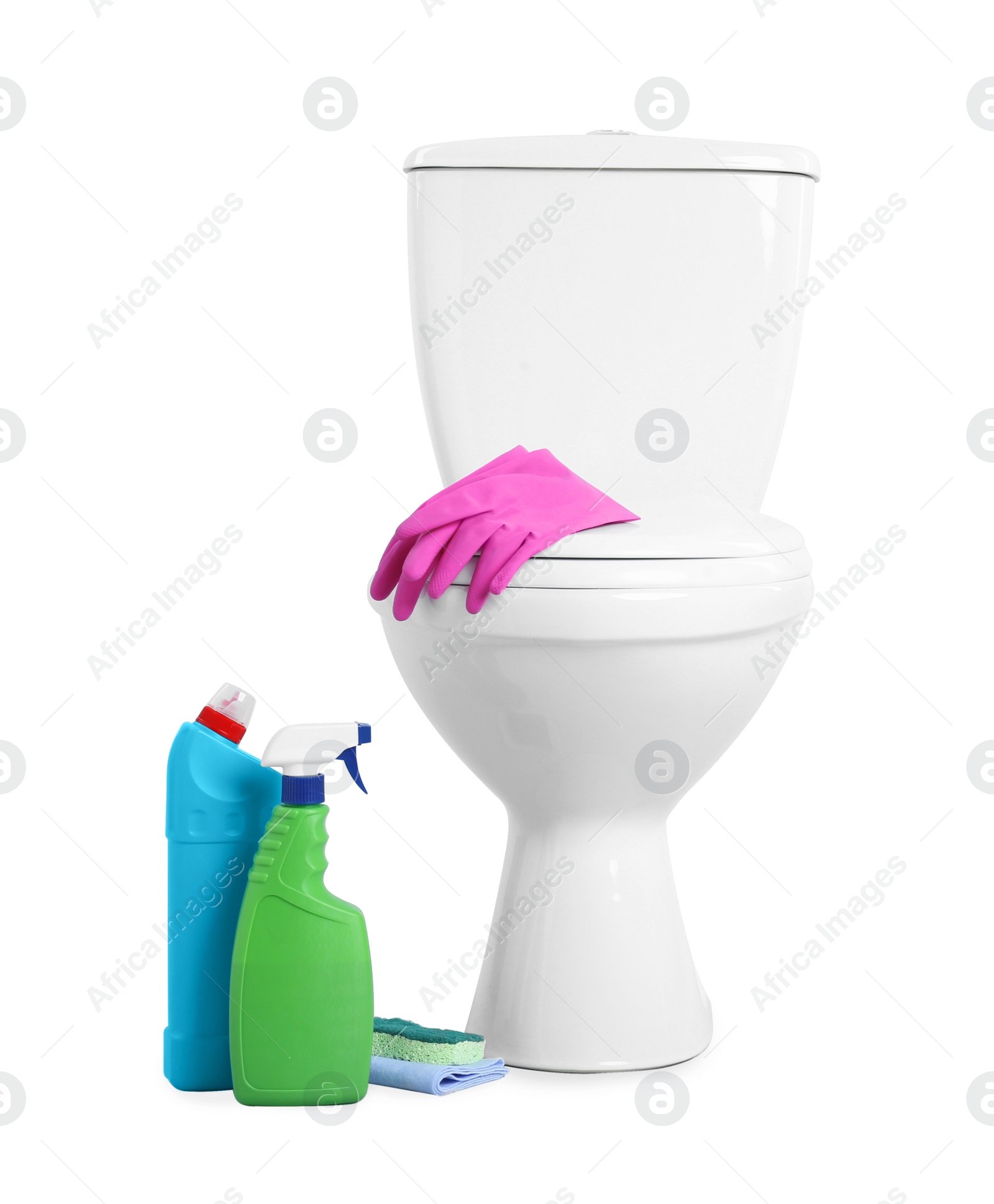 Photo of Toilet bowl and cleaning supplies on white background