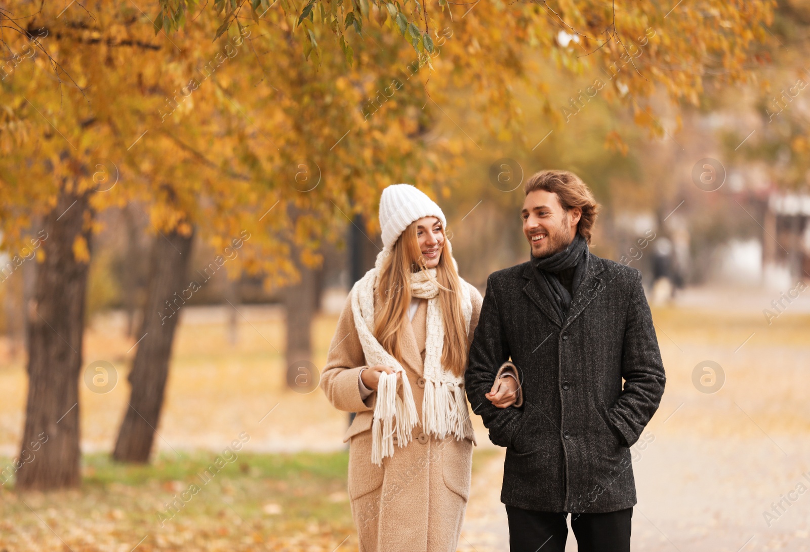 Photo of Young romantic couple in park on autumn day