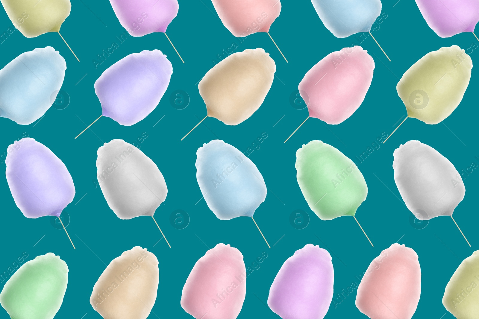 Image of Collage with cotton candy on dark cyan background, pattern design