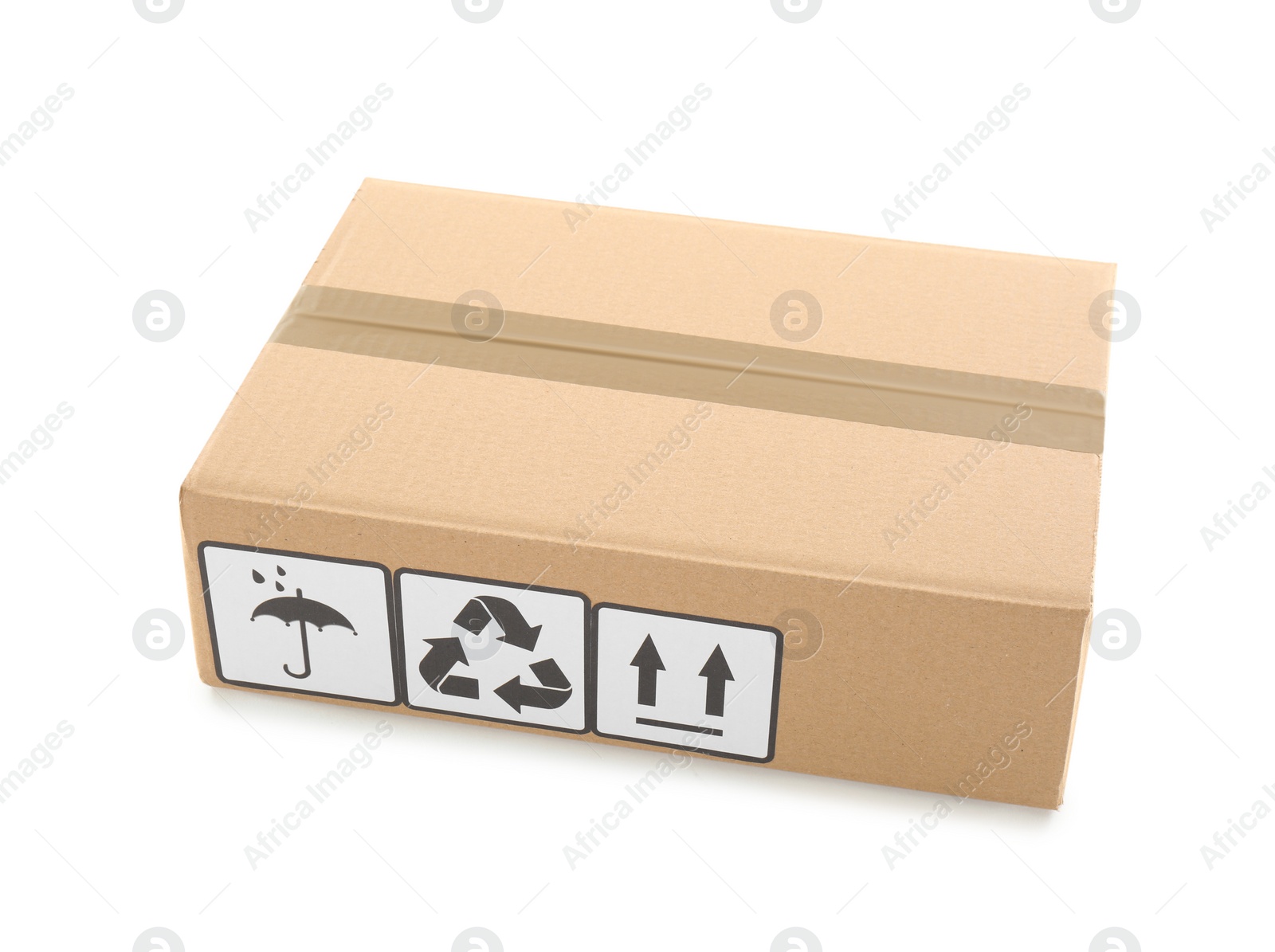 Photo of Cardboard box with shipping label isolated on white