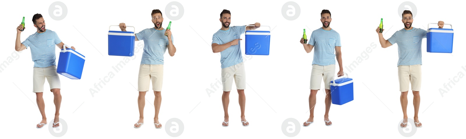 Image of Collage with photos of man holding cool boxes on white background. Banner design