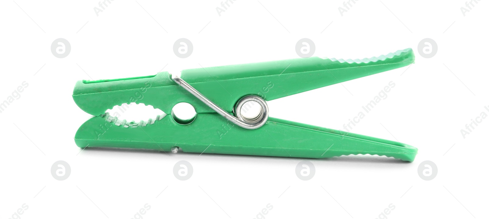 Photo of Bright green plastic clothespin isolated on white