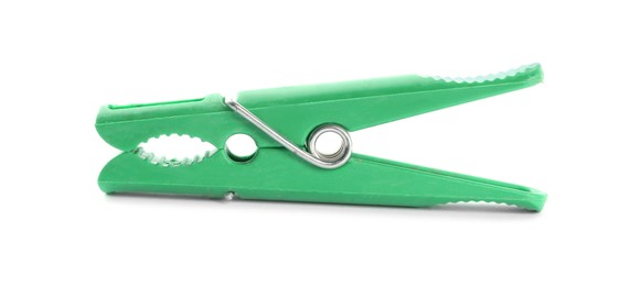 Photo of Bright green plastic clothespin isolated on white