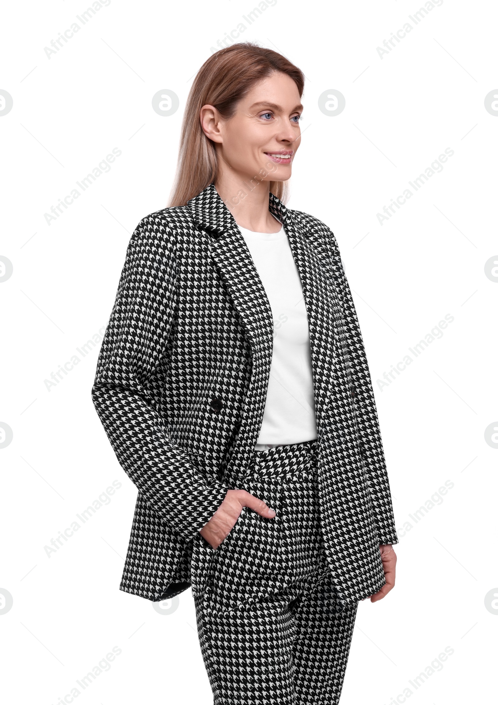 Photo of Beautiful happy businesswoman in suit on white background