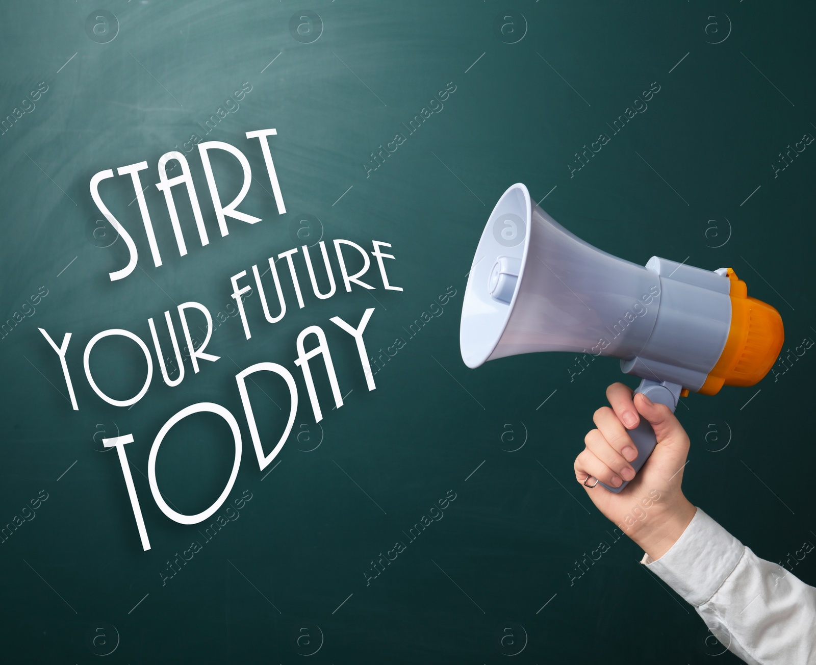 Image of Woman holding megaphone and phrase Start Your Future Today on green chalkboard