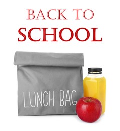 Image of Lunch bag with healthy food for schoolchild on white background