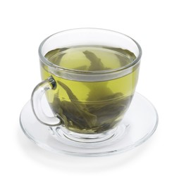 Fresh green tea in glass cup, leaves and saucer isolated on white