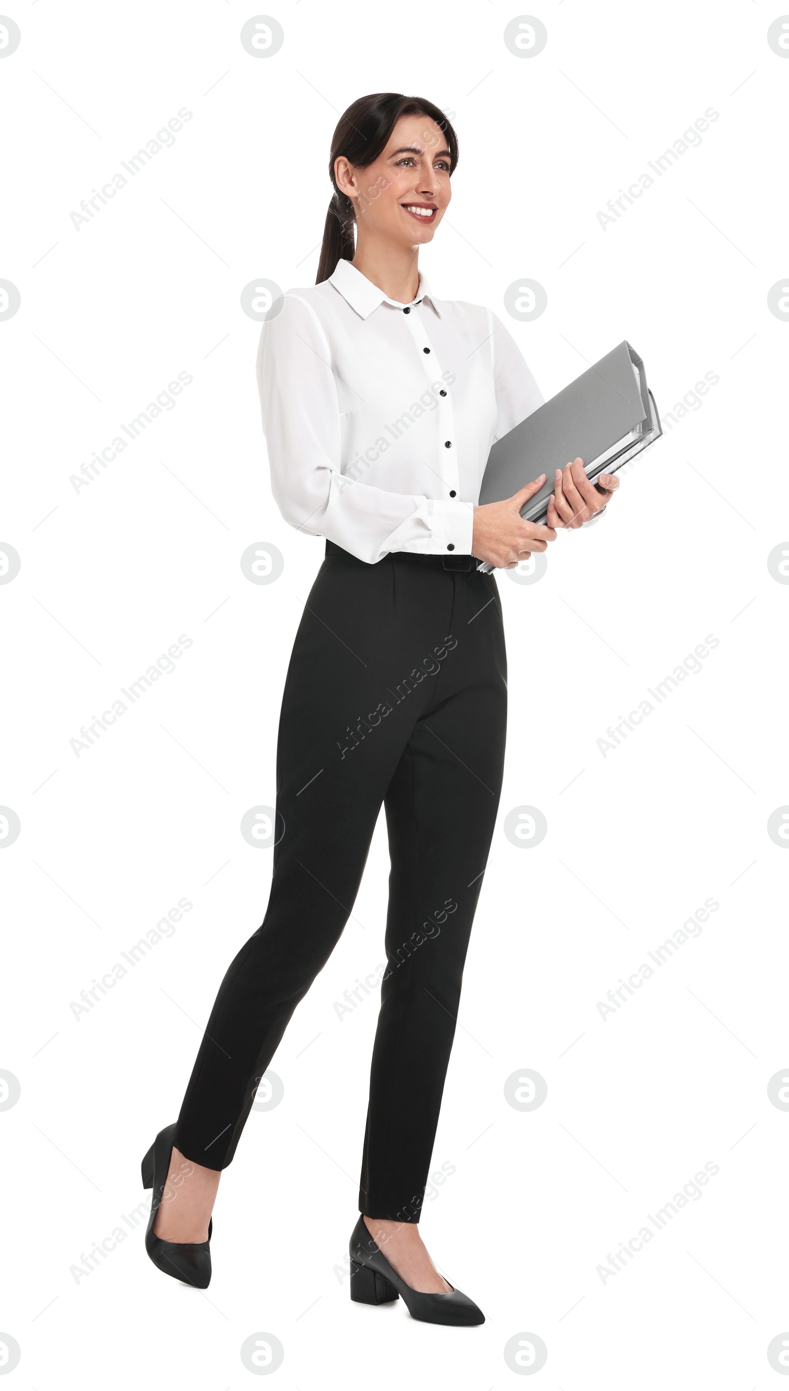 Photo of Happy businesswoman with folders on white background