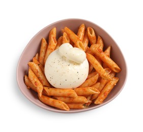 Photo of Bowl of delicious pasta with burrata and tomato sauce isolated on white, top view