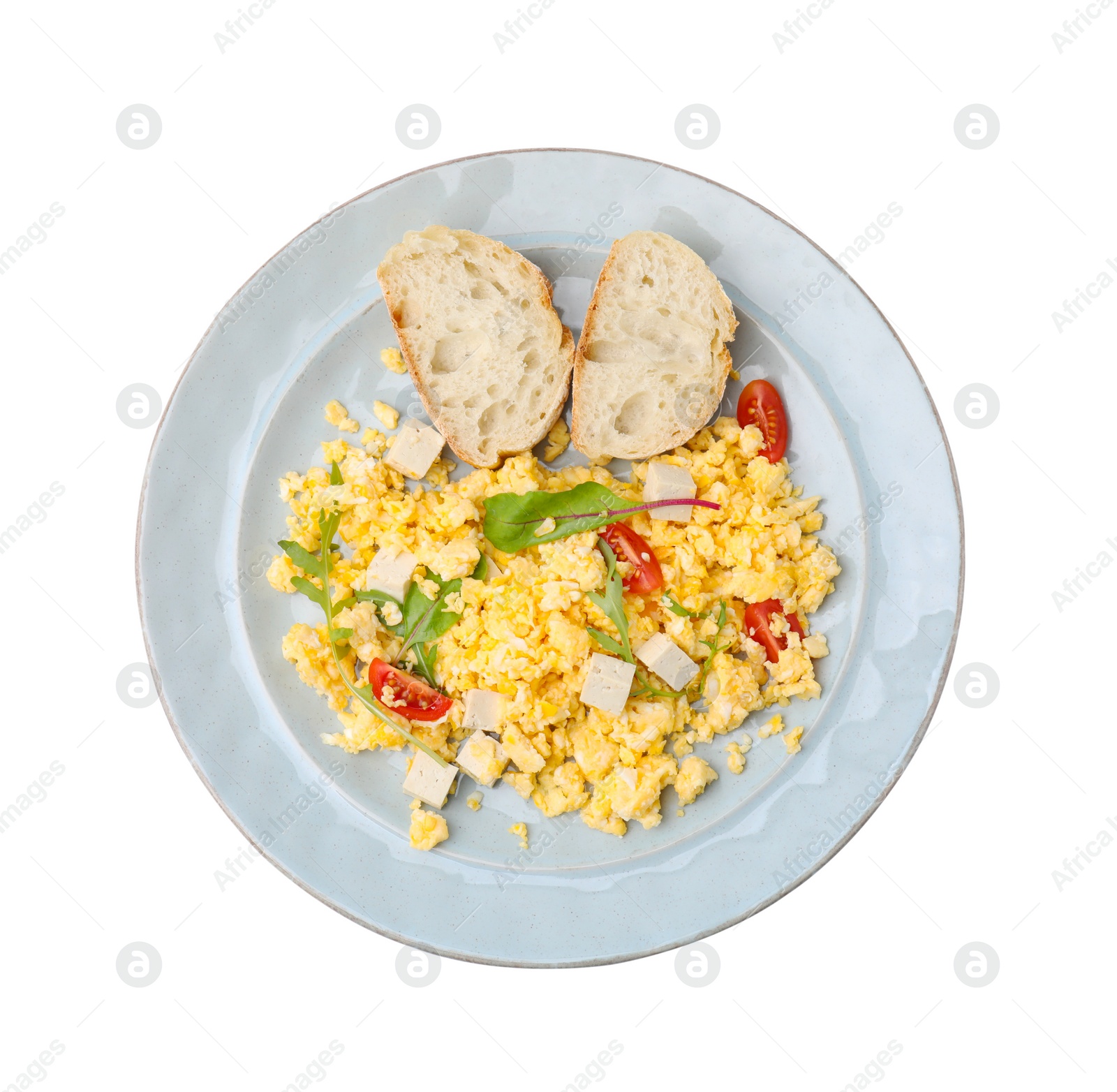 Photo of Plate with delicious scrambled eggs, tofu and slices of baguette isolated on white, top view