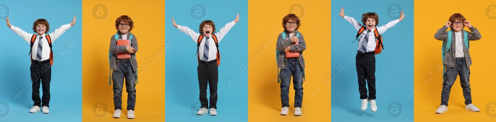 Image of Happy schoolboy on color backgrounds, set of photos