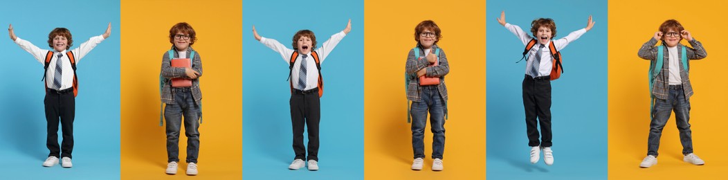 Image of Happy schoolboy on color backgrounds, set of photos
