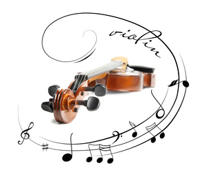 Image of Classic violin and music notes on white background