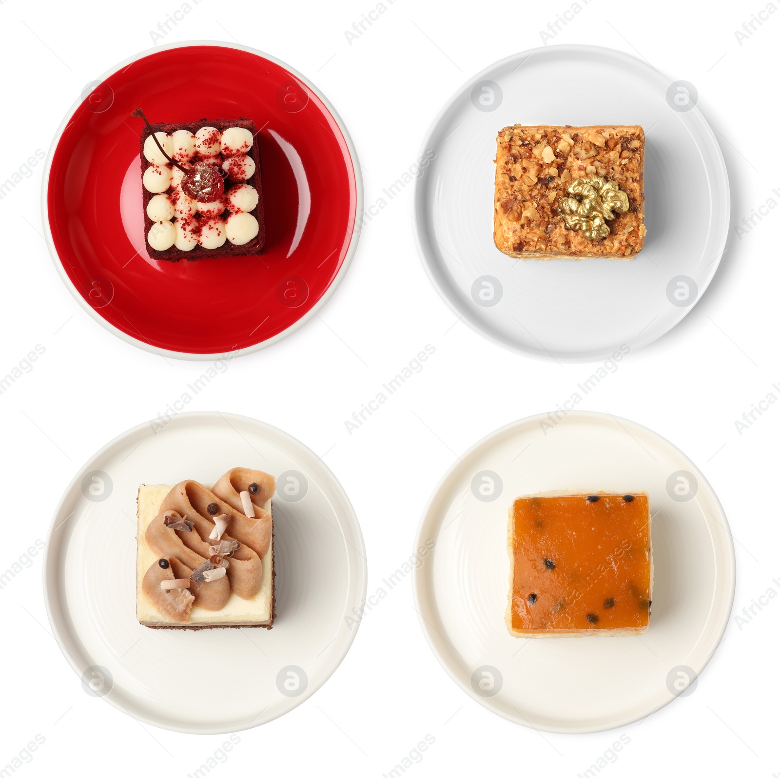 Image of Set with different tasty cakes isolated on white, top view